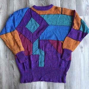 VTG 80 90 LIZ WEAR Pullover Color Block Knit Wool Sweater SIZE Large Bold Neon
